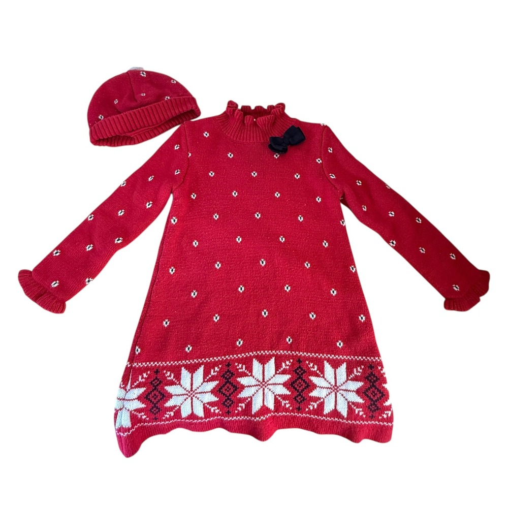 Rare Kids Girls Red Knit Sweater Dress Snowflake Pattern Bow Size‎ 4T